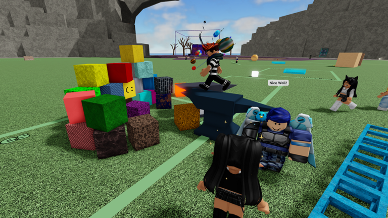 Players causing physics chaos with colorful cubes on the Fling Things and People plains